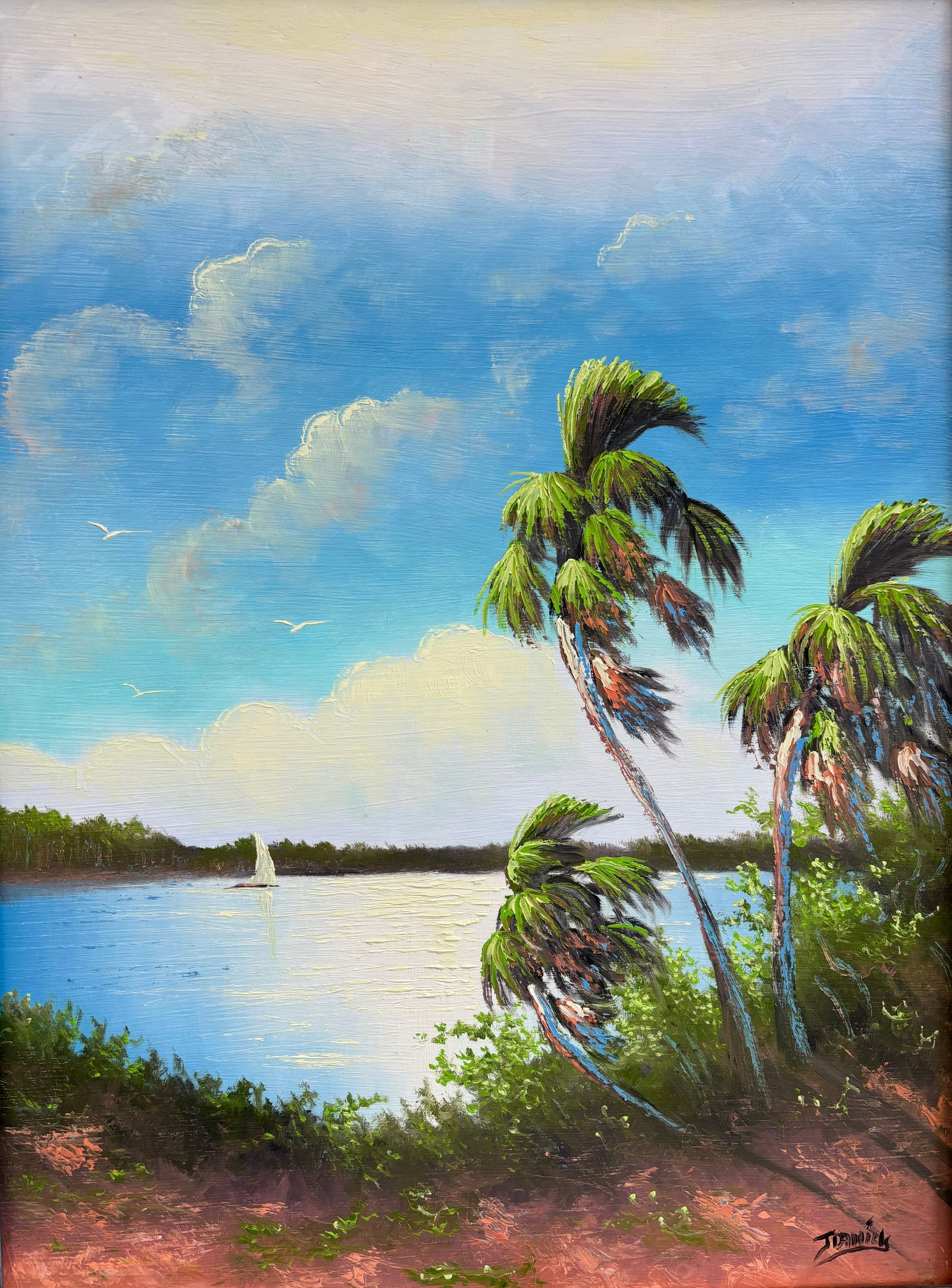Johnny Daniels, "Blue Lit Bay", Florida Highwaymen Masonite Oil Painting, 24"x18" (1 of 5)
