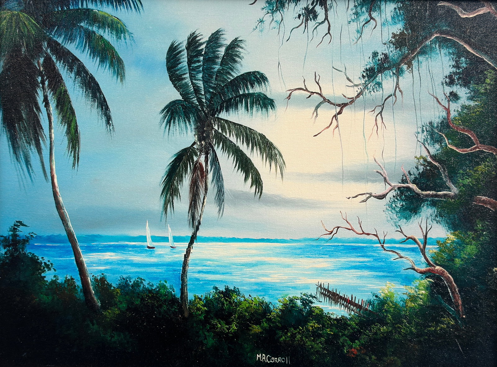 Mary Ann Carroll, "Blue Waters", Florida Highwaymen Giclee, 12"x16": 2 Palms sit infornt of a blue bay of water with 2 sail boats in it and a dock. There are shrubs and branches which form a half of a vignette around the giclee. Artist: Mary Ann Carroll (1940 - 2019) T