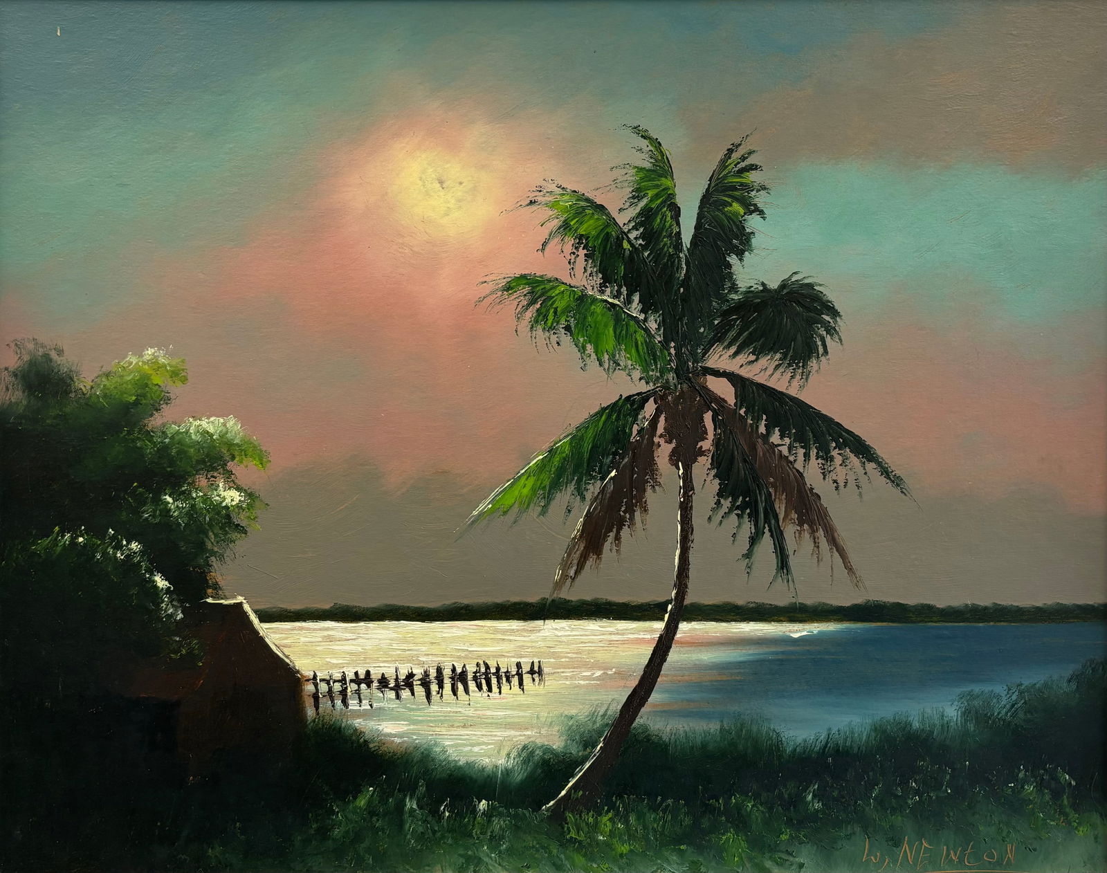Lemuel Newton, "Palm on the Dock", Florida Highwaymen Upson Oil Painting, 24"x30": Lemuel Newton Title:Palm on Dock" Medium: oil on Upson Dimensions: 24"X36" Artist Bio: Born in 1950, little is known about Lemuel Newtons personal life except that he was a brother of two other Florid
