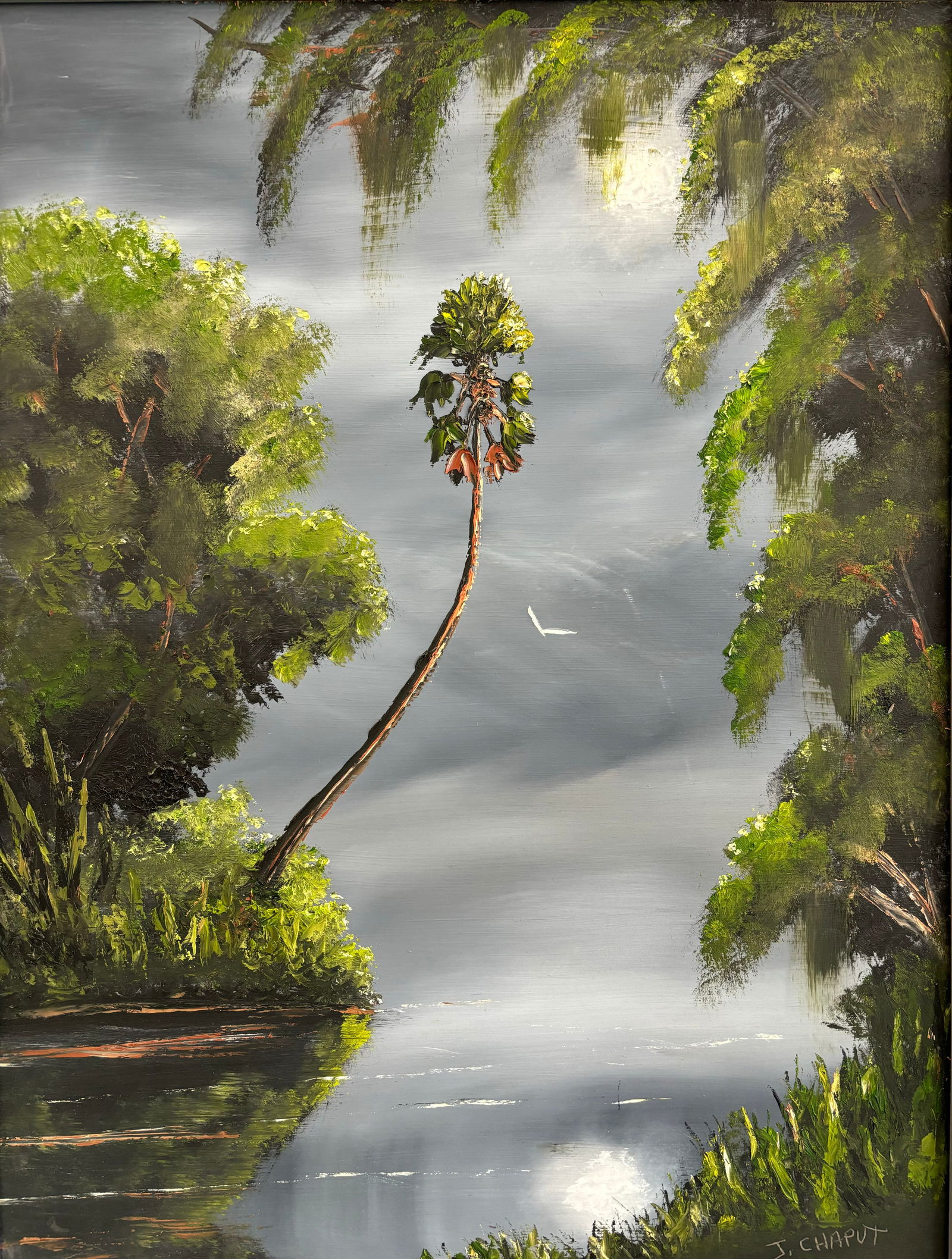 J. Chaput "Gray Sky Palm" Florida Landscape Oil on Masonite Painting 27"X20" (1 of 4)
