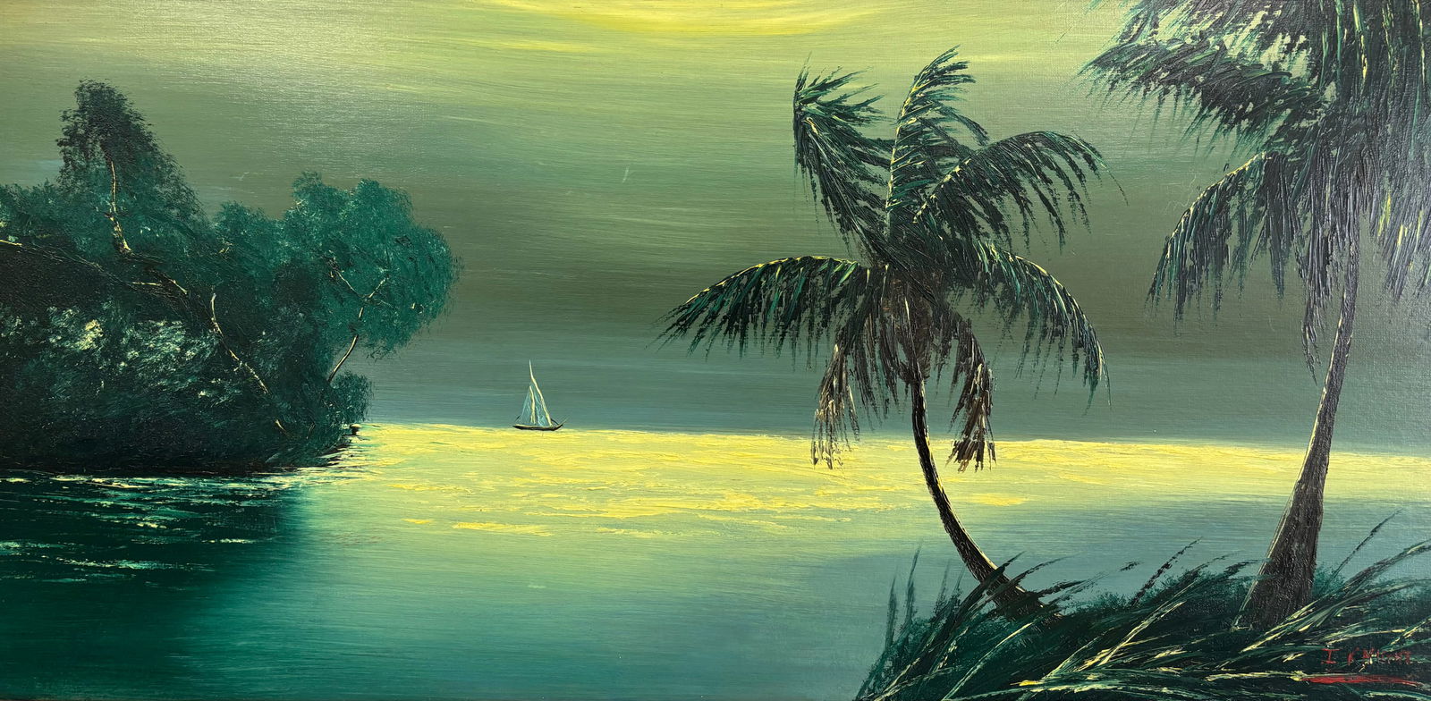 Isaac Knight "Night Sail Boat" Florida Highwaymen Upson Oil Painting 24"X48: A sofa sized Isaac Knight which has a unique green and yellow glow in a water setting. Two sharp palm trees are in the front of the painting and a sailboat and a spoil island are in the background. Fl