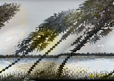 Willie Reagan "Intercostal Postcard" Florida Highwaymen Canvas Oil Painting 5"X7": A tiny but majestic Florida Highwaymen scene with three detailed palm trees at the forefront and a sunlit intercostal in the background. Florida Highwaymen Painting Measures 5 inches by 7 inches. With