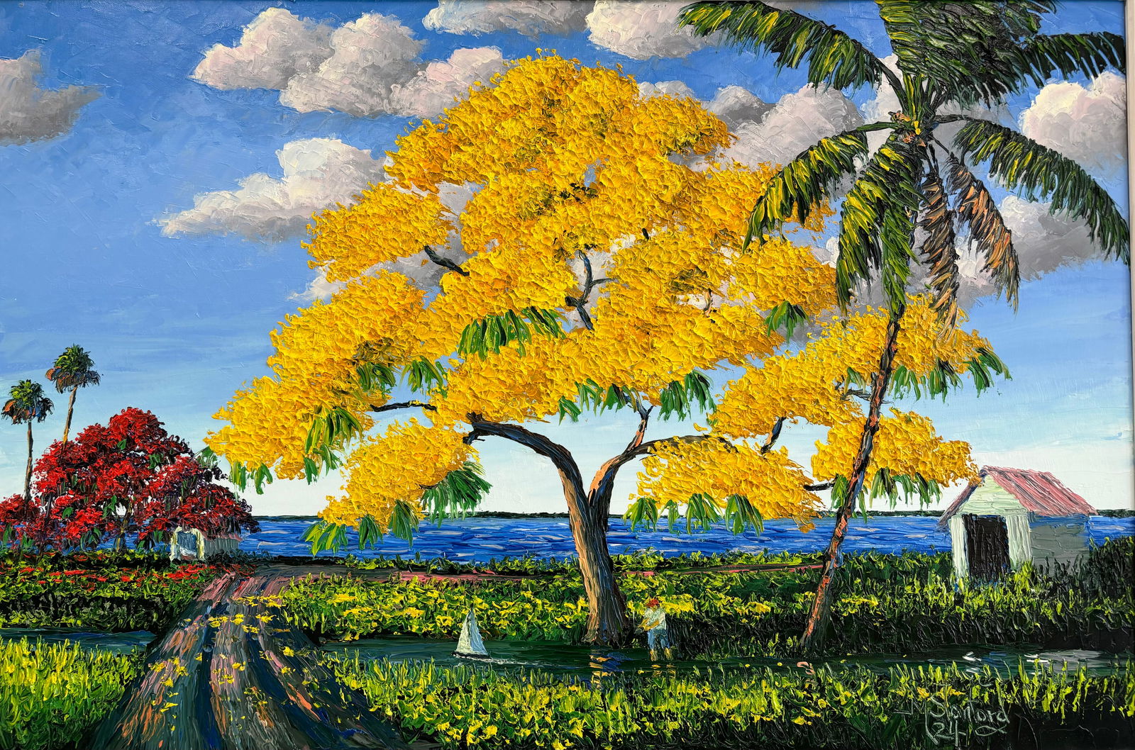 Mark Stanford "Boy with a Sail Boat" Florida Legacy Canvas Board Oil Painting 24"X36": A Mark Stanford masterpiece with an exceptionally large Yellow Tree(Tabebuia) in the center! A boy fishing and a sailboat sits directly underneath the tree while a bridge going over the river and a po