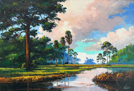 James Gibson “Studio Masterpiece" Florida Highwaymen Oil Canvas Board Painting 24"X36": 1 in 100 late canvas quality as the river bends through Oaken shores. Heavy Palette work and masterful use of color and texture denote a top quality submission by the great Gibson. Measures 24 inches