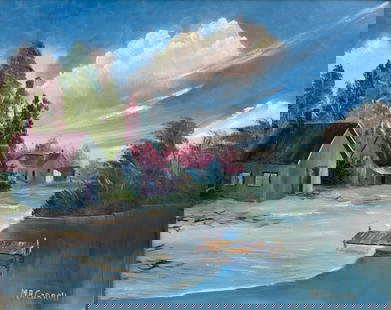 Mary Ann Carroll "Fishing Camp" Florida Highwaymen Canvas Oil Painting 16"X20": Unique rendition of a yesteryear fishing destination. Perhaps a distant childhood memory, Well executed Maryesque clouds and smooth buildings. Rarity and Beauty collide head on to manifest in this uni