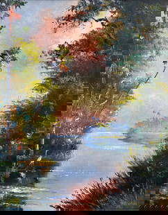 Harold Newton, "Blue Herons' Preserve" Florida Highwaymen Canvas Panel Oil Painting 20"X16": Palms and Oaks frame the gaze of a slim and stylish blue heron gazing over vibrant colored sky. Down river scene with thick palette work painted on an Early Canvas Board Florida Highwaymen Painting Me