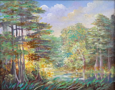 Robert Butler "Hidden Lake" Florida Highwaymen Art Board Oil Painting 8"X10": Cypress and Pine enclose this small estuary pond under the cloudy blues. Measures 8 inches by 10 inches. With Frame Measurements 12"X14"