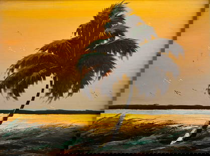 James Gibson, "Iconic Sepia" Florida Highwaymen Linen Upson Oil Painting 22"X29": Early Rendition, pre 1963 by provenance of a classic and Iconic Gibson Sepia since palm on the river, executed to perfection. Florida Highwaymen Painting. Measuring 22 inches by 29 inches. With Frame