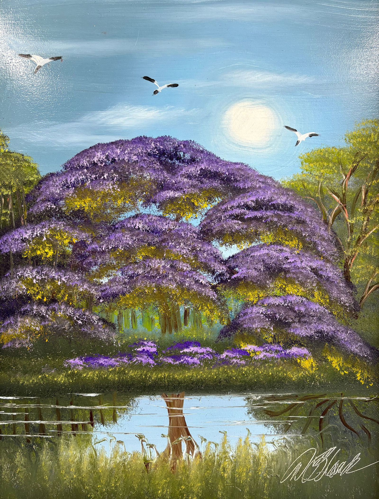 Al Black, "Jacaranda on the Lake", Florida Highwaymen Masonite Oil Painting, 24"x18" (1 of 4)