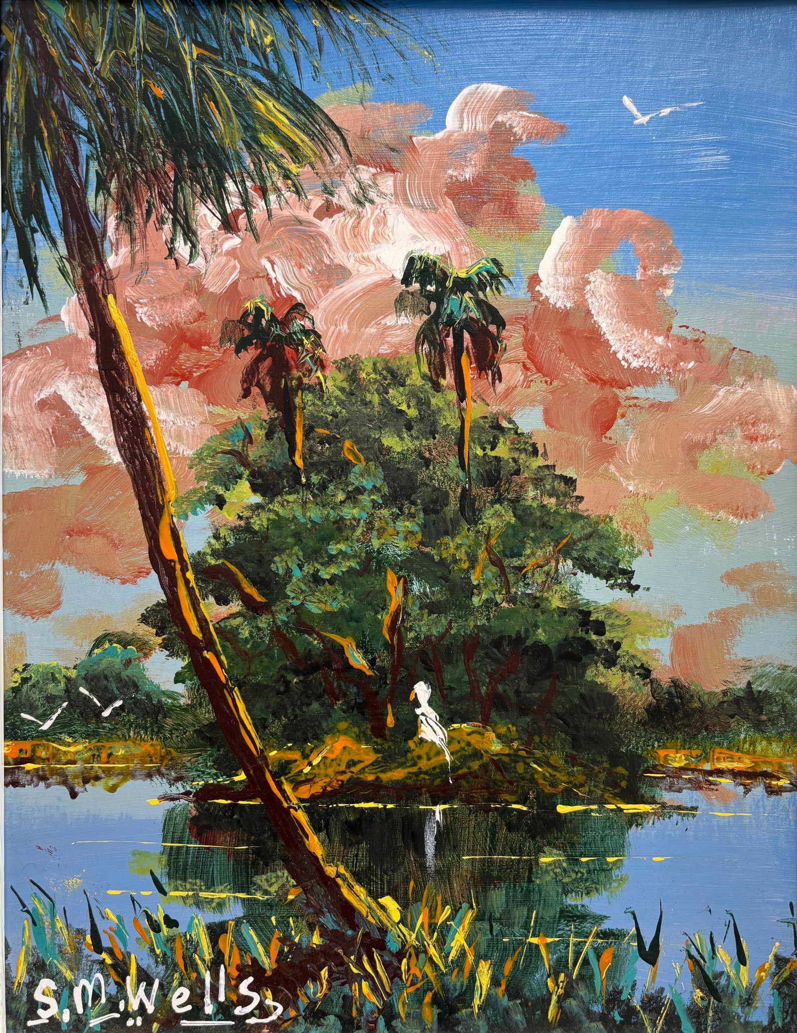 Sylvester Wells, "Big Bird Island" Florida Highwaymen Board Oil Painting 14"X11": Cross water spoil Island births two palms into a peach/pink cloud, on our side of the water a stylistic palm frames left. Florida Highwaymen Painting measuring 14"X11" . Frame Measurements 17"X14"