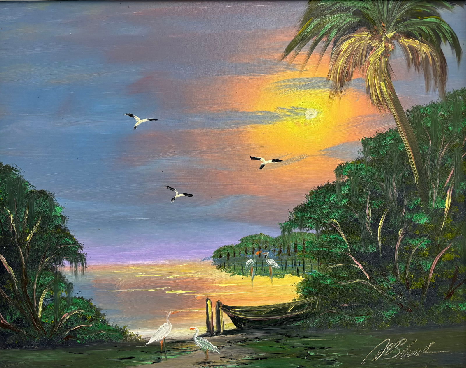 Al Black, "Birds and Boats" Florida Highwaymen Masonite Oil Painting 16"X20": Blues and oranges conspire to drop lavender at the horizon behind the docked skiff, sea birds and their mates enjoy a romantic evening. Florida Highwaymen Painting measuring 16"X20" . Frame measuremen