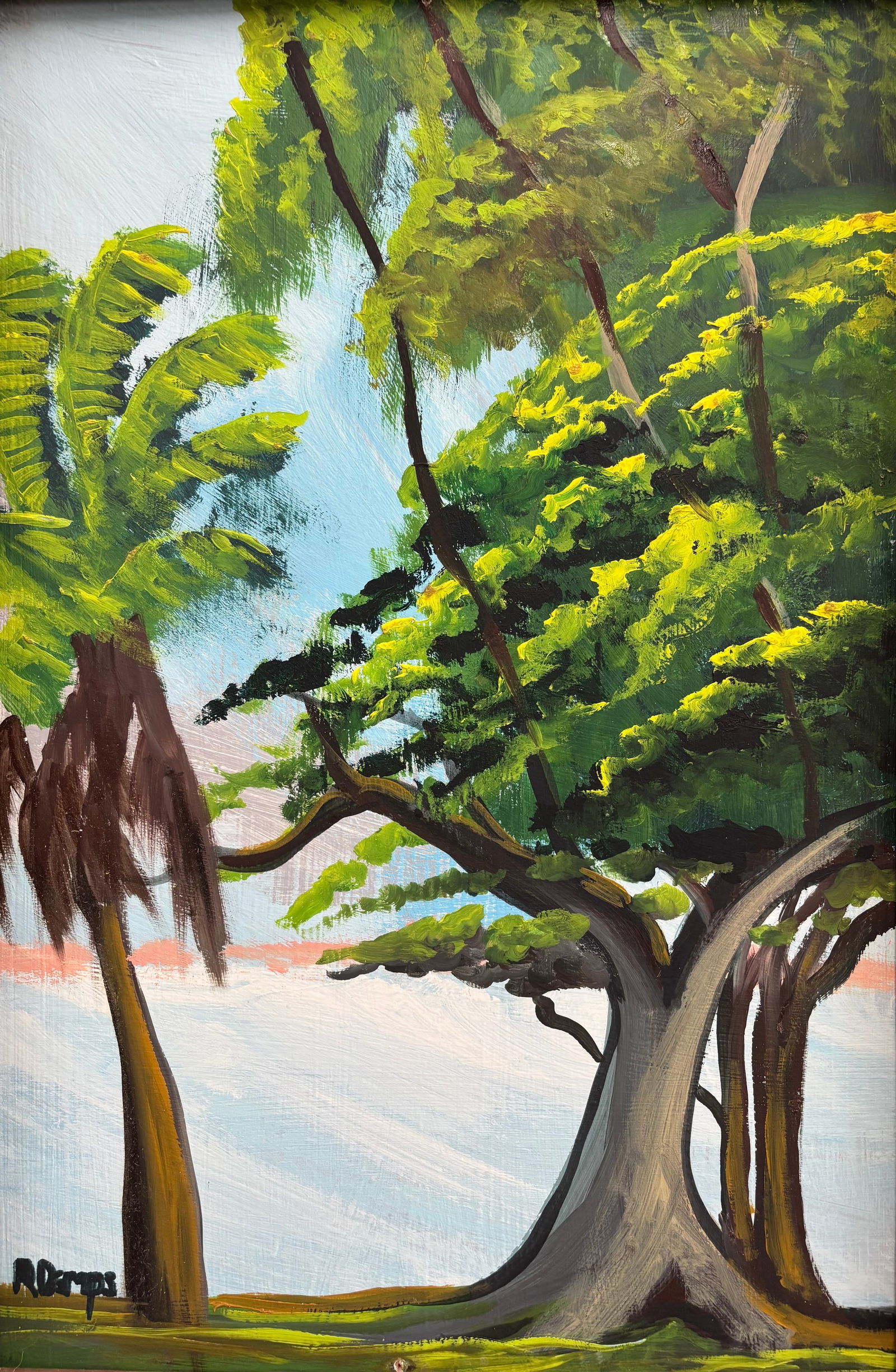 Rodney Demps," Betwixt the Big Trees" Florida Highwaymen Masonite Oil Painting 24"X16": Fully saturated Oaks and Cypress fold together in a later masonite Dempsterpiece. Florida Highwaymen Painting measuring 24"X16" . Frame measurements 26'X18"