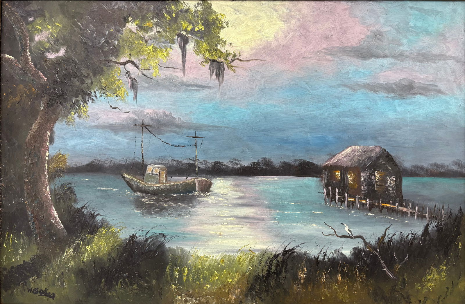 Hezekiah Baker, "Captains Up Late" Florida Highwaymen Masonite Oil Painting 24"X36": There is a light on in David Singers net mender hut, and a boat in the bay, blues and purples bath the night sky and reflect via the lunar shine all over the sauce. Florida Highwaymen Painting measuri