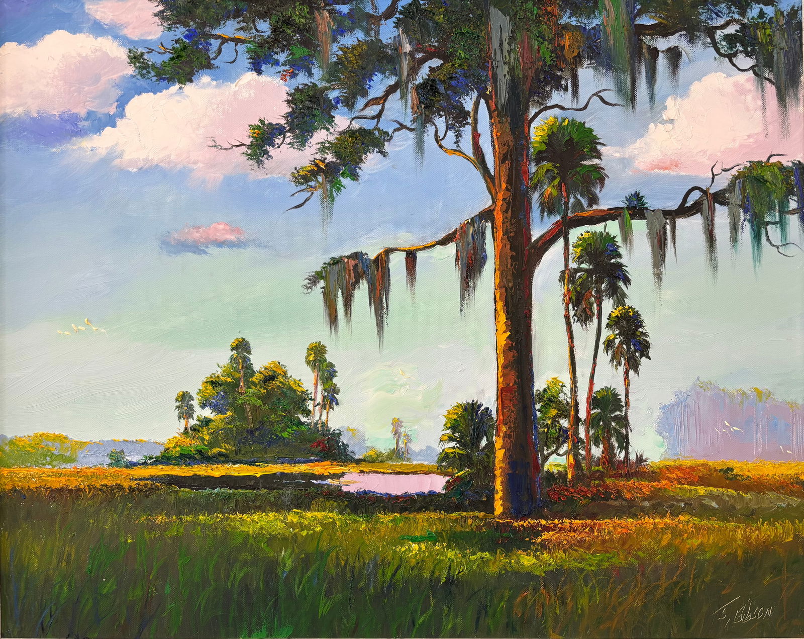 James Gibson, "Copious Shade" Florida Highwaymen Canvas Oil Painting 24"X30": Champion oak stands tall offering shade for all on this Canvas Pallete piece the paint runs thick. Florida Highwaymen Painting measures 24"X30". Frame Size 29"X35"