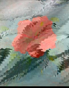 Harold Newton, "Single. Pink. Hibiscus." Florida Highwaymen Upson Oil Painting 20'X16": Only known single Pink Hibiscus, Upson, Harold Newton, Spectacular. Florida Highwaymen Painting measuring 20"X16" . Frame Measurements 24"X19.5"