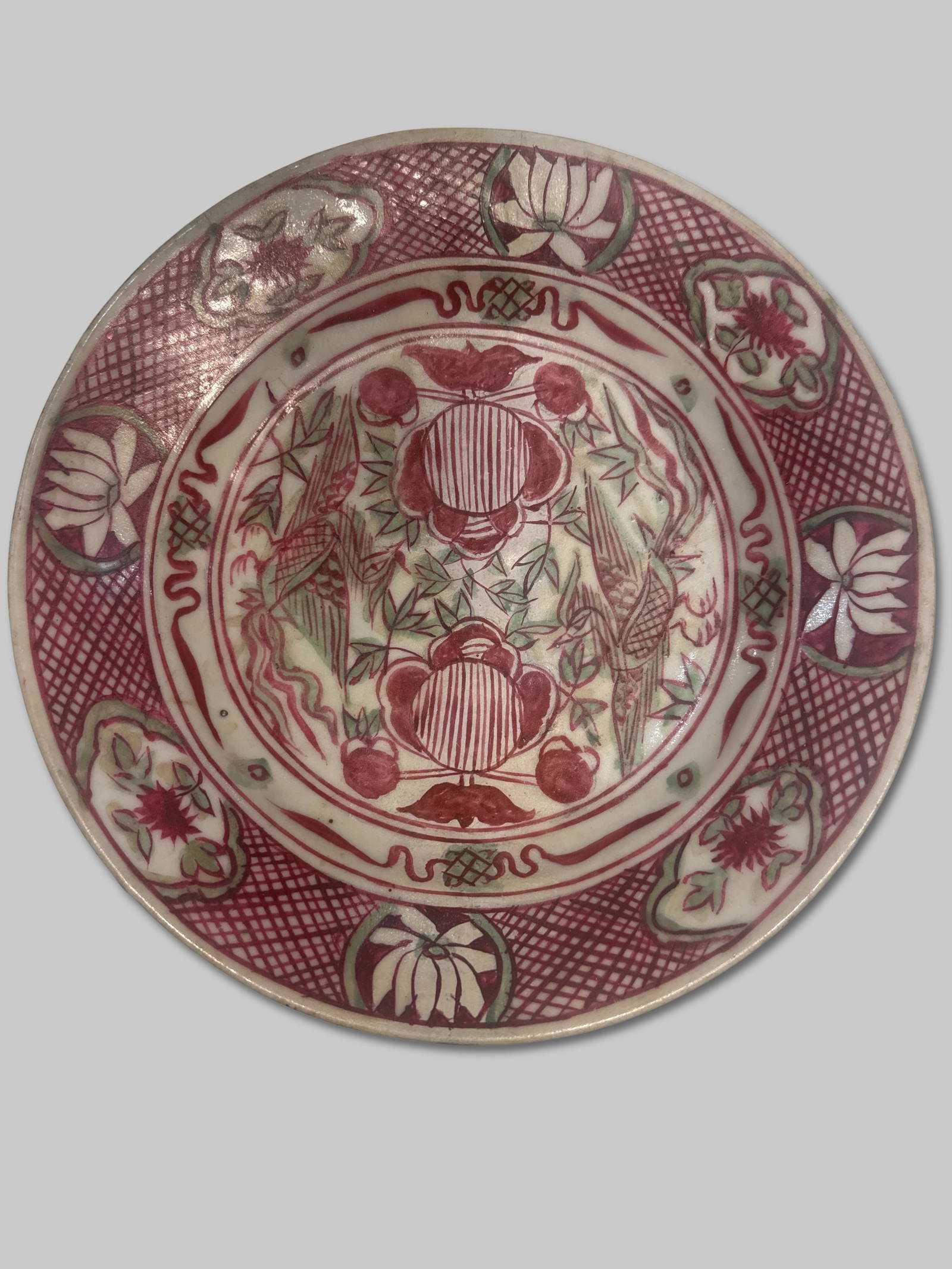 Large Overglaze Enamel Bowl with Pomegranate and Bird Motifs - 10\" Diameter 1.75\" Height