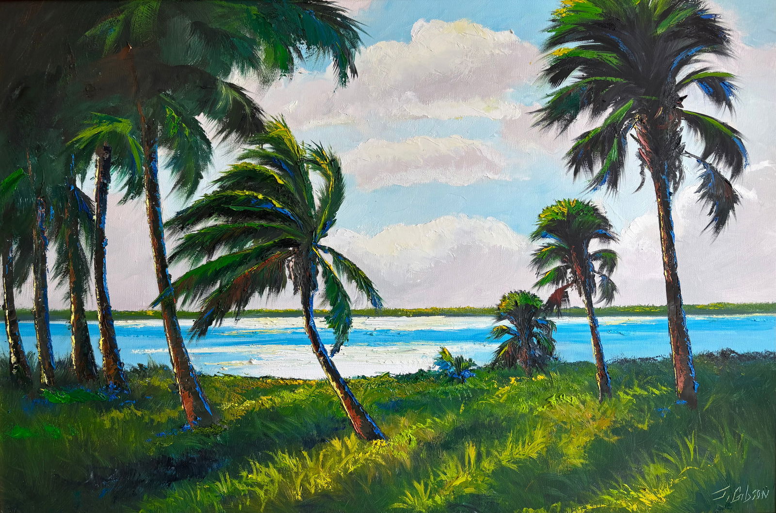 James Gibson, "Windy Blues" Florida Highwaymen Canvas Oil Painting 24"X36": Good Blues illuminate a lush green shore, super thick work, a standard high quality late Gibson Canvas. Florida Highwaymen Painting measuring 24"X36" Frame Size 28"X40"