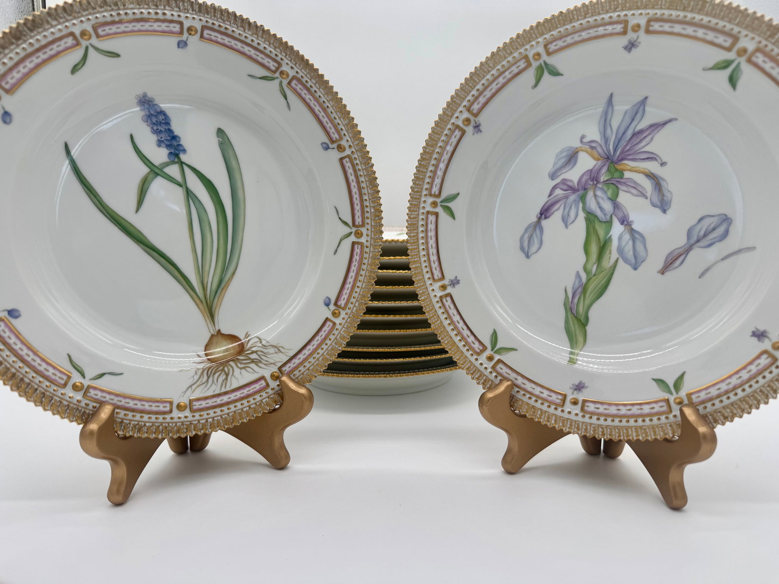 Royal Copenhagen 'Flora Danica' 10 1/4 Inch Dinner Plates (Set of 12): Set of twelve Royal Copenhagen 'Flora Danica' porcelain dinner plates, model number 3549, measuring 10 1/4 inches in diameter. Each plate is a hand-painted botanical treasure, bordered with intricate 