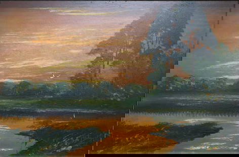 Isaac Knight, 'Tangerine After Dark', Florida Highwaymen, Upson Oil Painting, 39.5"x27.5": Artist: Isaac Knight (1941-2022) Title: Tangerine After Dark Surface: Upson Medium: Oil Paint Frame Size: 39.5"x27.5" inches Surface Size: 35"x23.6" inches Art description: Where the Umbers Burnt, The