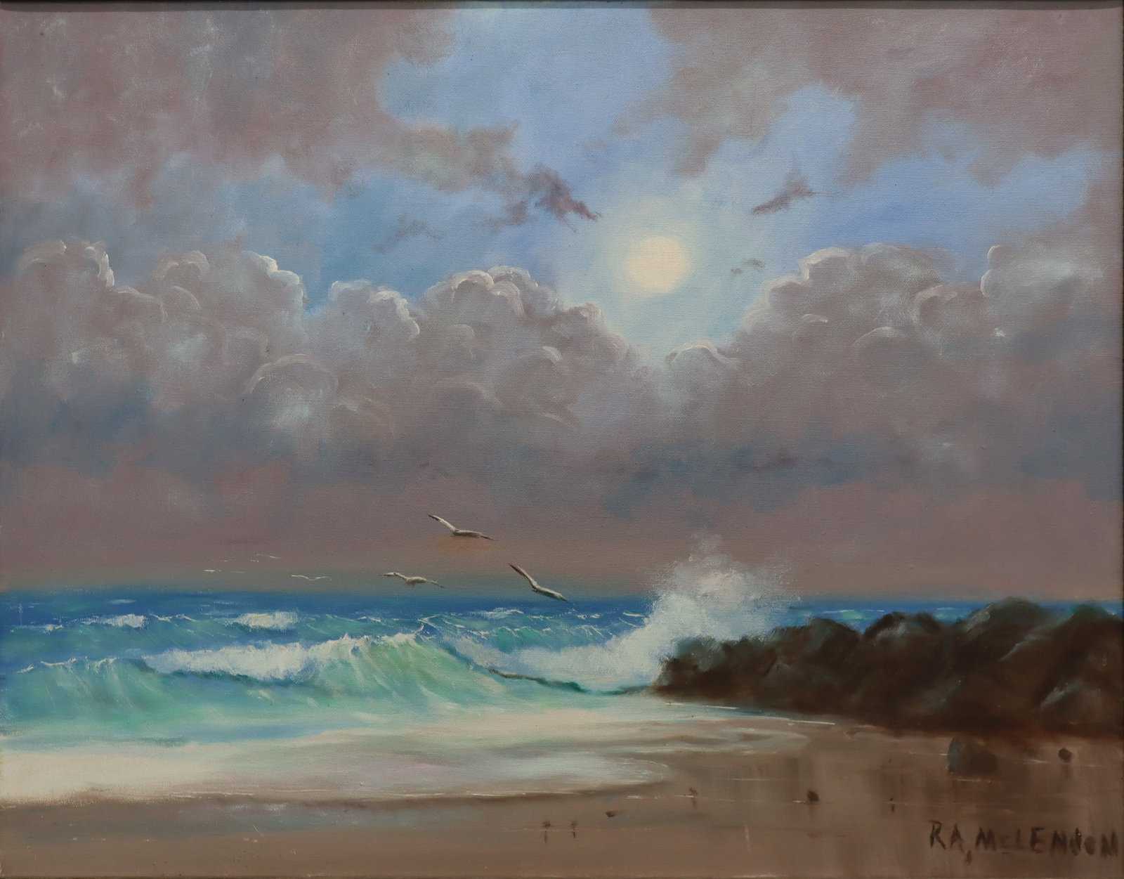 Roy McLendon, 'Evening Breaks', Florida Highwaymen Canvas Painting, 27.5"x21.25": Artist: Roy McLendon (1932-2024) Title: Evening Breaks Surface: Canvas Medium: Acrylic Paint Frame Size: 33"x27" inches Surface Size: 27.5"x21.75" inches Art Description: Perfect teal waves crash at t