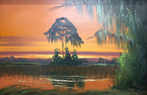 Alfred Hair, 'Lavender Horizon', Florida Highwaymen Upson Oil Painting, 39"x27": Artist: Alfred Hair (1941 - 1970) Title: Lavender Horizon Surface: Linen Upson Medium: Oil Paint Frame Size: 39"x27" inches Surface Size: 35"x22.5" inches Art Description: Days End Wetland scene with