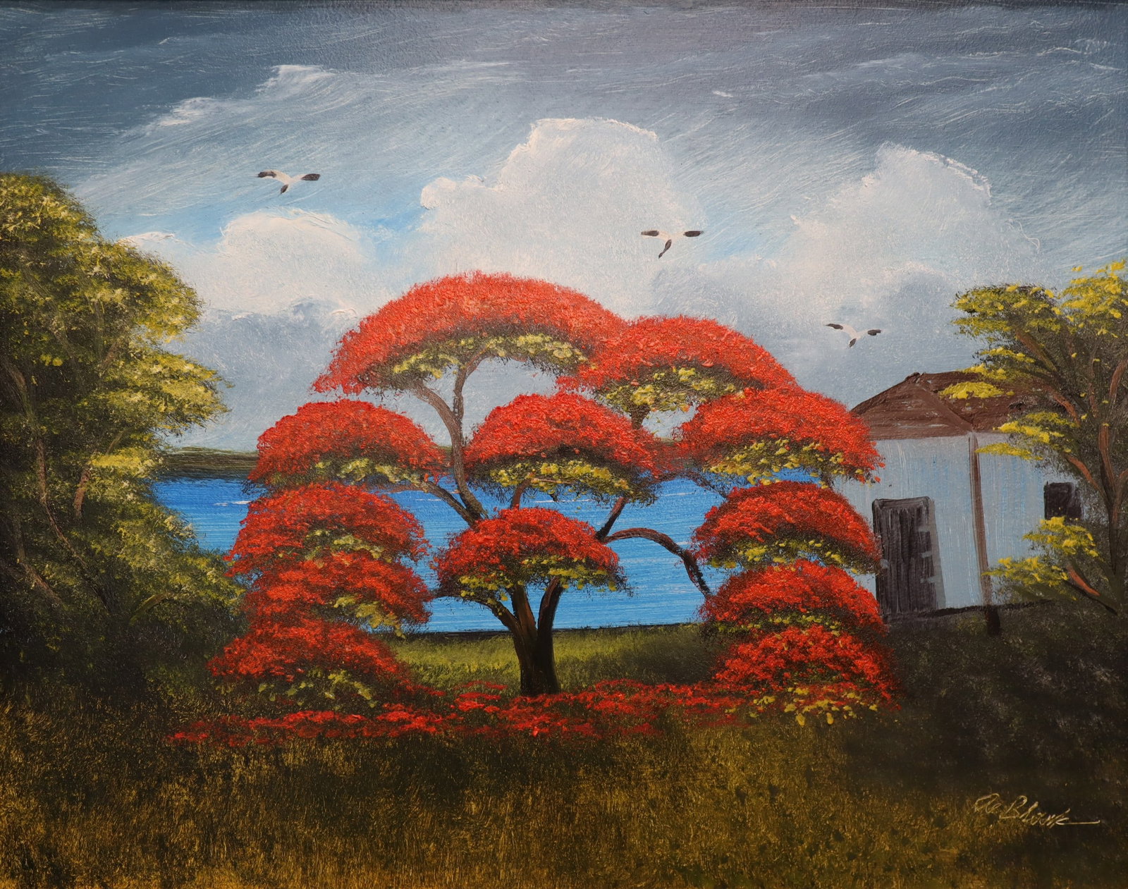 Al Black, 'Reds on Blue', Florida Highwaymen Upson Oil Painting, 33.5"x26": Artist: Al "Blood" Black (1947 - 2025) Title: Alluring Poinsietta Surface: Masonite Medium: Oil Paint Frame Size: 40"x33" inches Surface Size: 33.5"x26" inches Art Description: Days End Royal Poincian