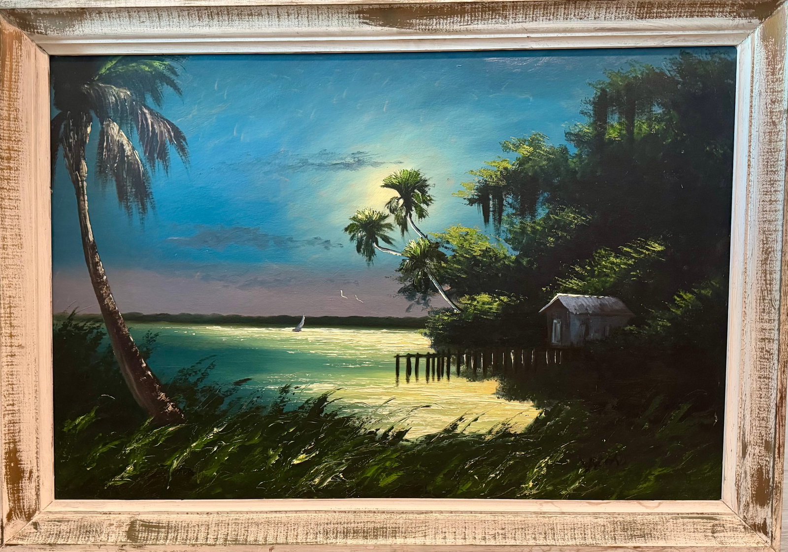 Livingston Roberts, 'Gleaming Bay', Upson Oil Painting, 24"x36": Artist: Livingston “Castro” Roberts (1942 - 2004) Title: Gleaming Bay Surface: Upson Medium: Oil Paint Frame Size: 24"x36" inches Surface Size: "x" inches Art Description: Shack in the trees o