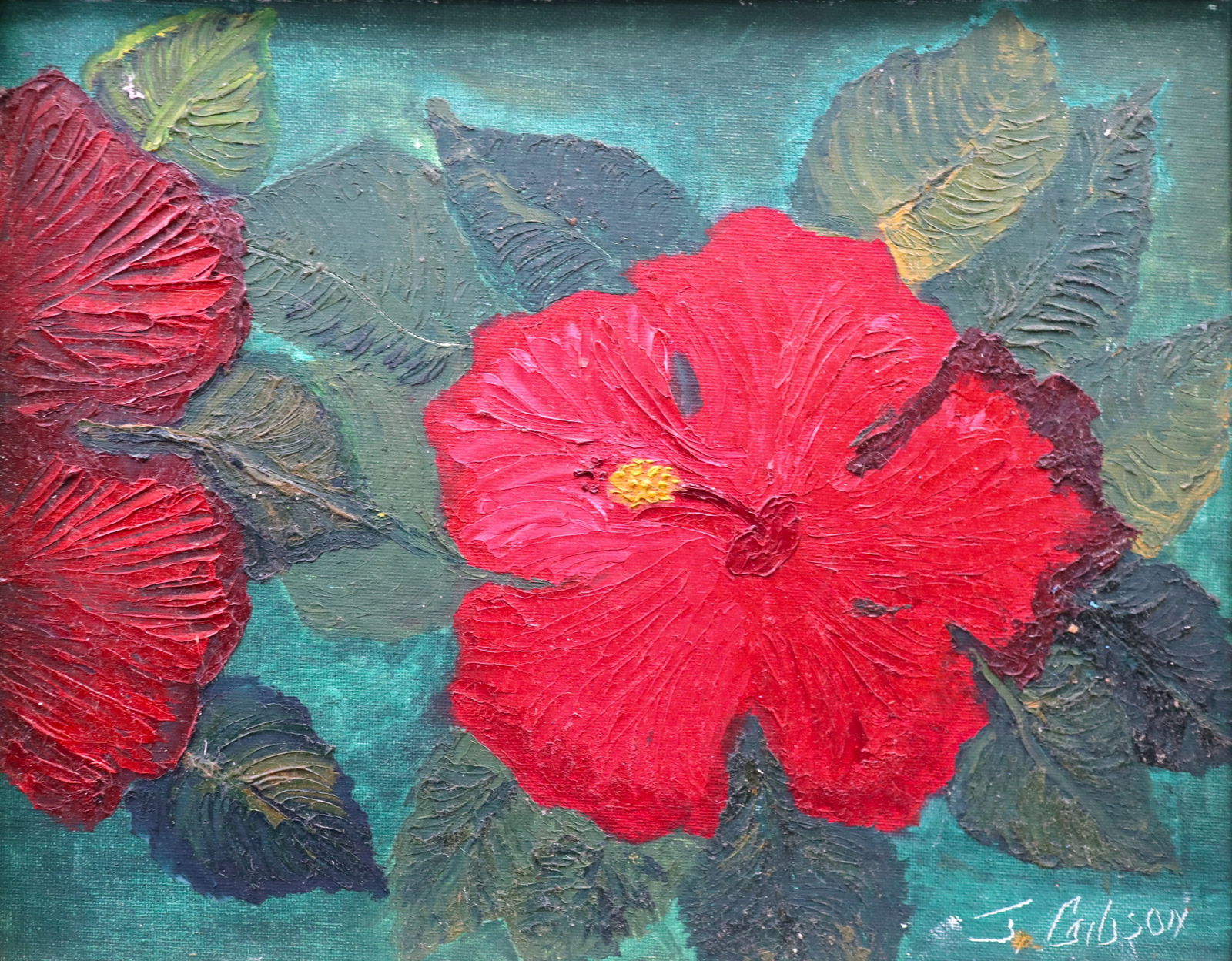 James Gibson, 'Gibson Hibiscus', Florida Highwaymen Collaboration Painting,11" x 14": Rare Hibiscus from James Gibson, in collaboration with incredible texture. Done in Collaboration with fellow painter - John Adams Artist Bio: James Gibson was a significant figure among a group of tal
