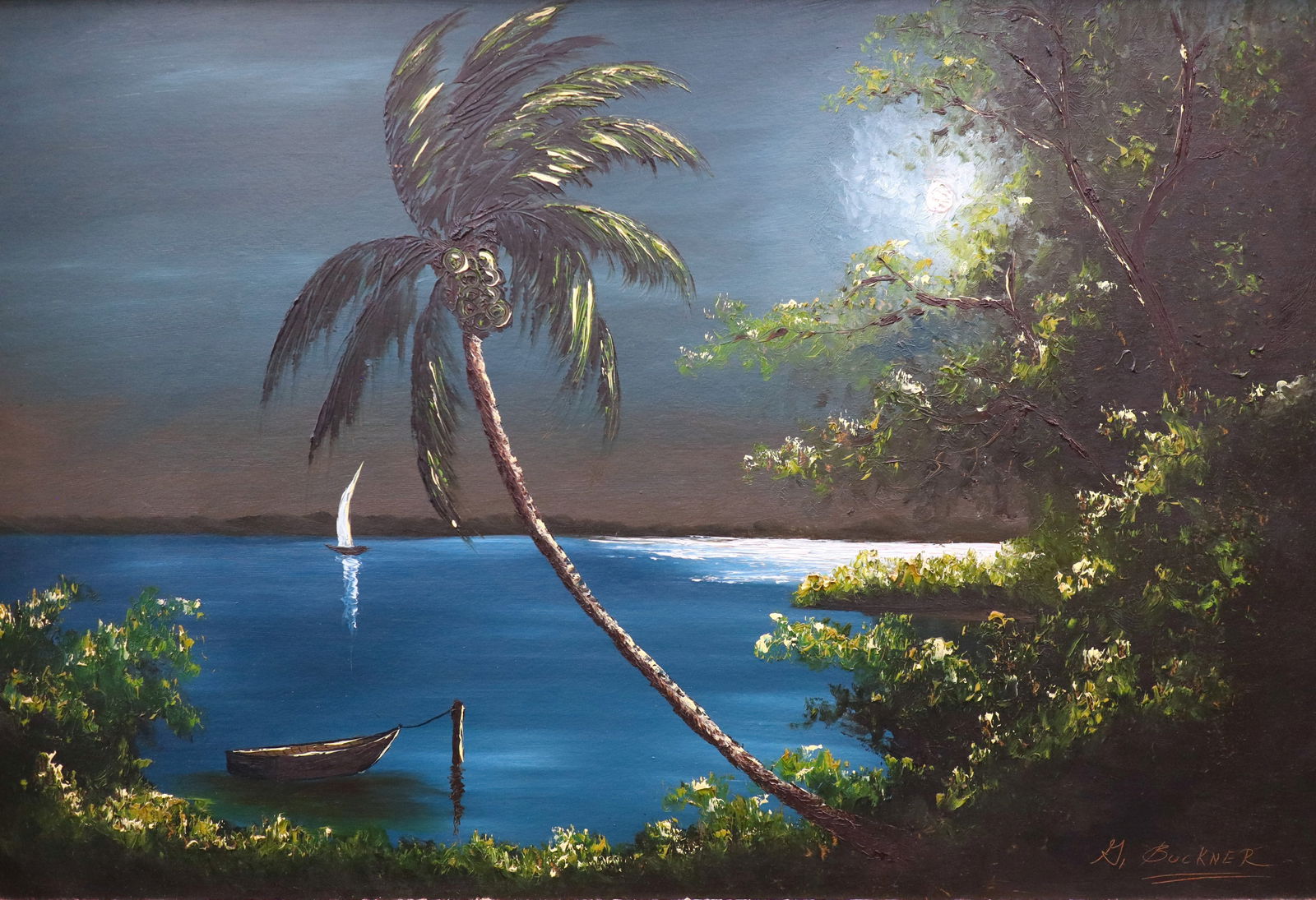 George Buckner, 'Boats in the Bay', Florida Highwaymen Oil Painting, 23"x35": Artist: George Buckner (1942-2002) Painting Size: 23x35 Frame Size: 27.5"x39.5" Surface: Orange Peel Upson Medium: Oil Paint Art Description: Super early G-Buckner Orange Peel Upson!, deep deep palett