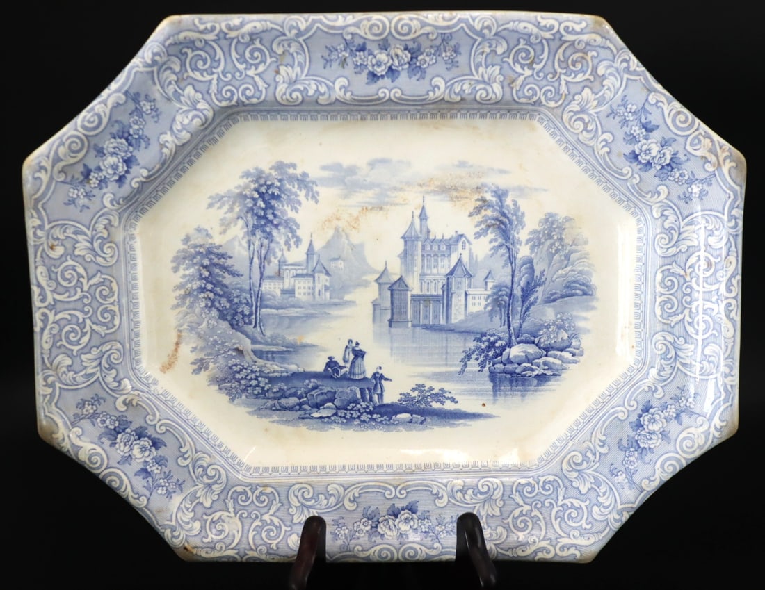 Staffordshire Blue Transferware Platter, 'Chateau' (marked 'J.E.'), C.1847–1873: Artist/Maker: (Likely) John Edwards Earthenware (ironstone?type body), underglaze cobalt blue transfer print, octagonal form with clipped corners and broad floral scroll border. Height 11.75" in.; Wid