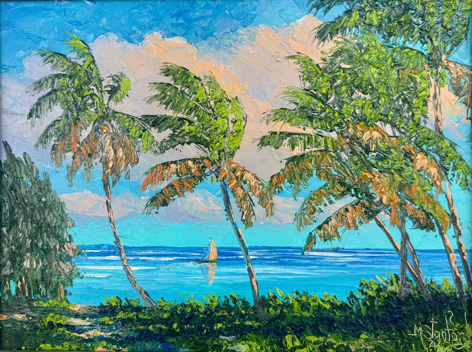 Seaside Symphony – Mark Stanford Landscape, 11.5x15.5: Medium: Oil on Canvas Board Painting size: 11.5 x 15.5 Frame size: 14.5 x 18.5 Mark Stanford, celebrated for his mastery of texture and color, delivers a lively coastal vision here. Palms lean and ben