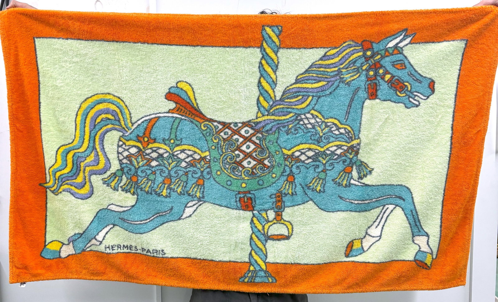 Hermes Paris, 'Carousel Horse', Designer Beach Towel, 20x16x6: Maker: Hermès Paris Lot Title: Hermès Paris Carousel Horse Cotton Beach Towel – Vintage Description: Hermès Paris luxury terry cloth beach towel featuring a vibrant carousel horse motif in turquo