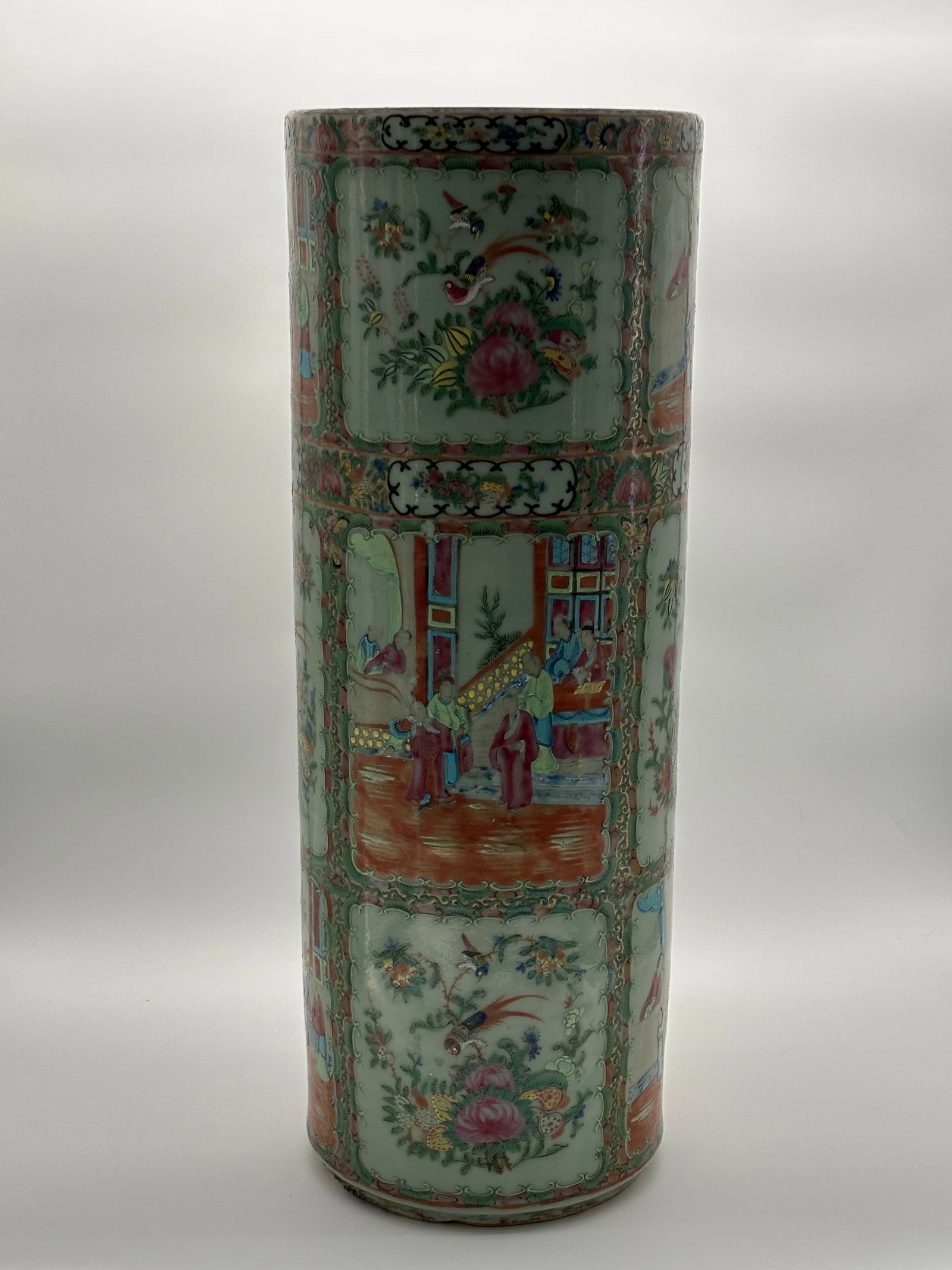19th century Antique familia rose Highly detailed Umbrella Stand/Cache Jar 24?? tall: On a teal base this cylindrical ceramic jar is packed with images of Chinese women and artistic traditional Chinese rose familia style