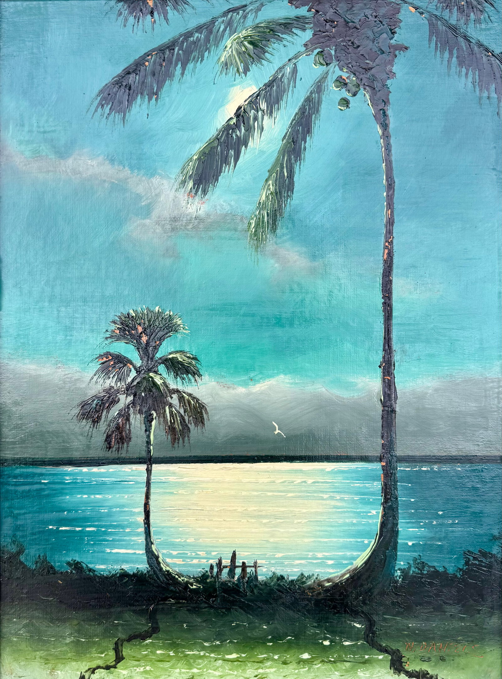 Palm Pair in Moonlight – (23 x 19) Willie Daniels Night Scene Florida Highwaymen painting: This clean Upson Board painting by Willie Daniels glows with a nocturnal radiance. Two tall palms stand against a turquoise sky as the moon gleams across the river, its silver reflection shimmering in