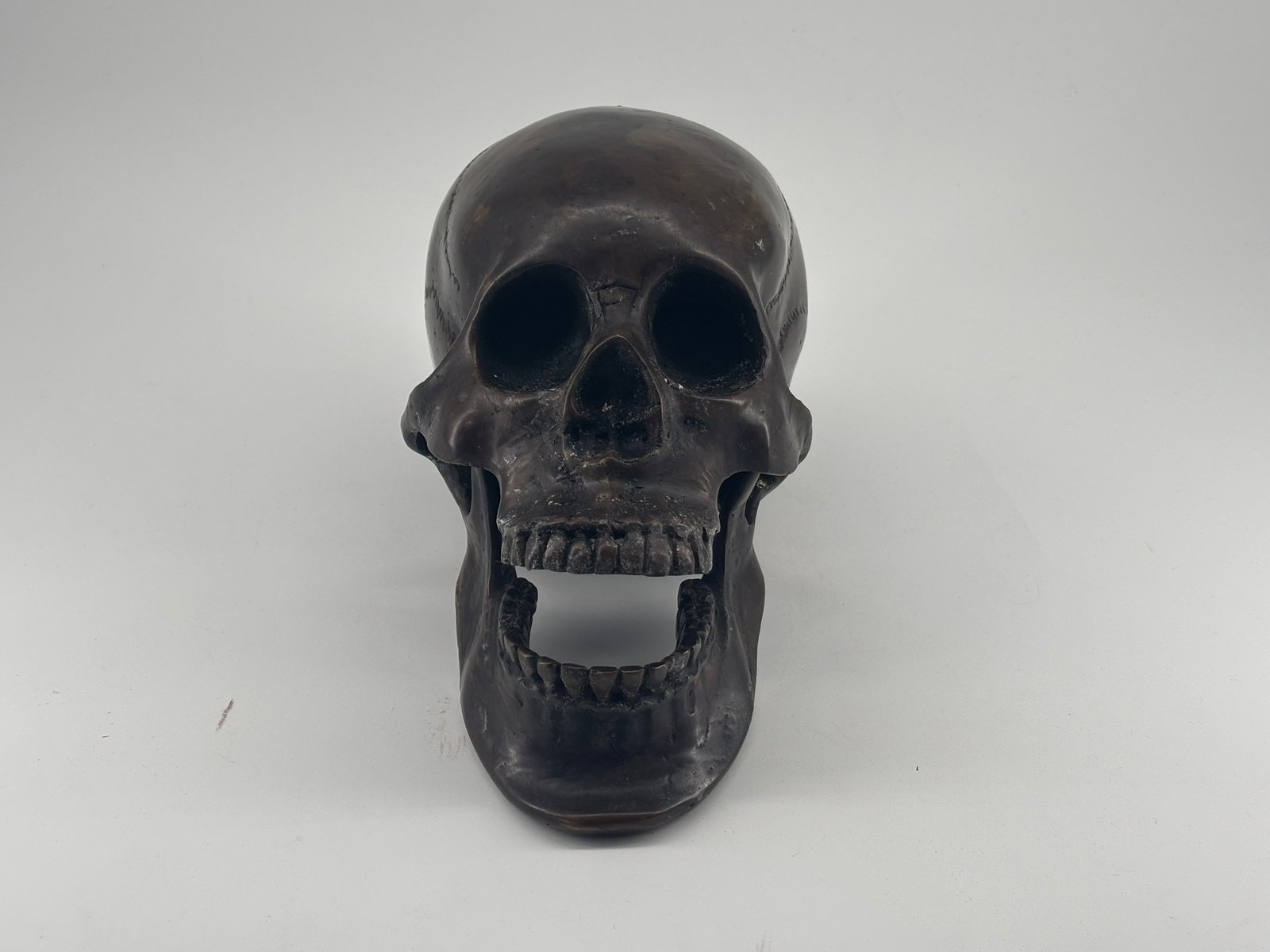 Hollow Cast Bronze Skull with Fixed Open Jaw 5.5  x 5.5  x 10.25 (1 of 4)