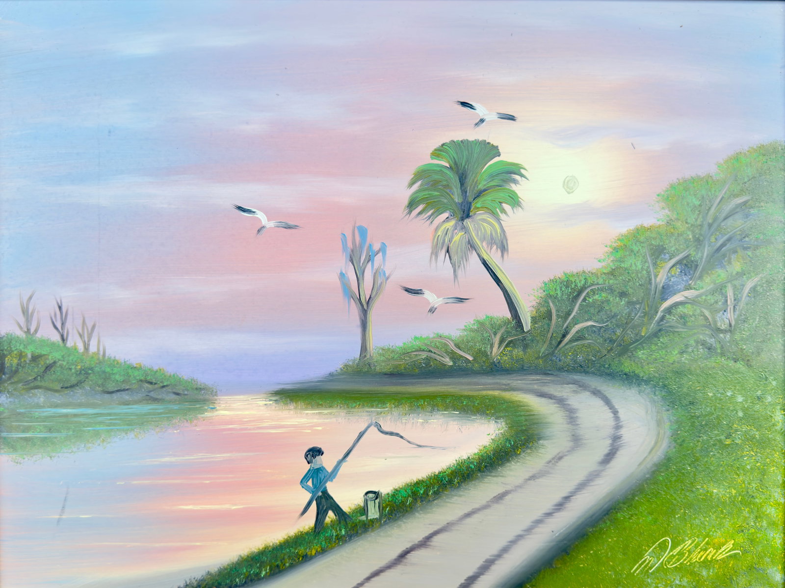 The Morning Cast – Al Black folk deluxe composition, 17.5x23.5in Florida Highwaymen painting: Florida Highwaymen painting ?Artist: Al Black ?Painting Size: 17.5x23.5 in. ?Frame Size: 24x30 in. ?Medium: Oil on Masonite ?A captivating River Road composition by Al Black, portraying a solitary fis