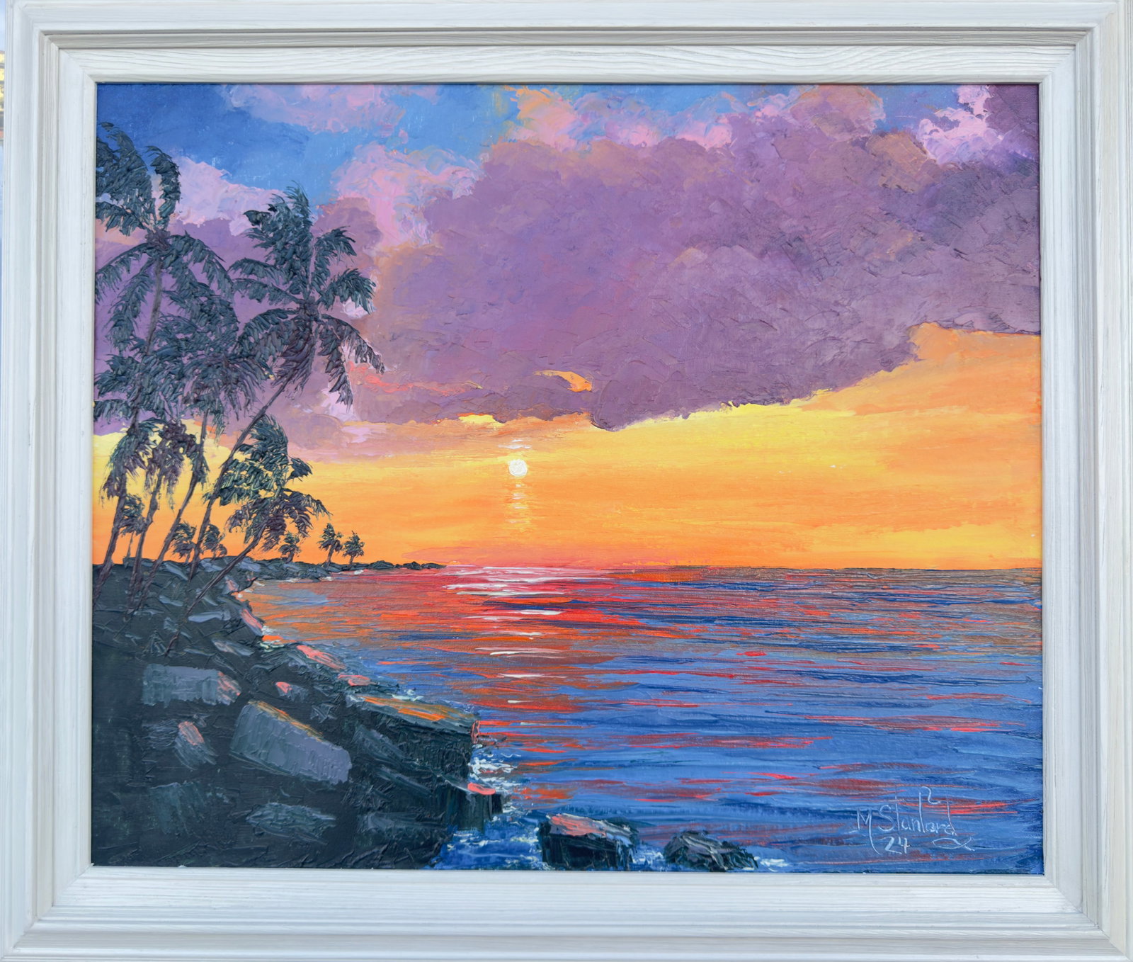 Afternoon Spectrum – Mark Stanford seascape, 19x25.5in Florida painting: Florida painting Artist: Mark Stanford Painting Size: 19x25.5 in. Frame Size: 25x30 in. Medium: Oil on canvas board An explosive color composition by Mark Stanford, noted for his thick palette knife a