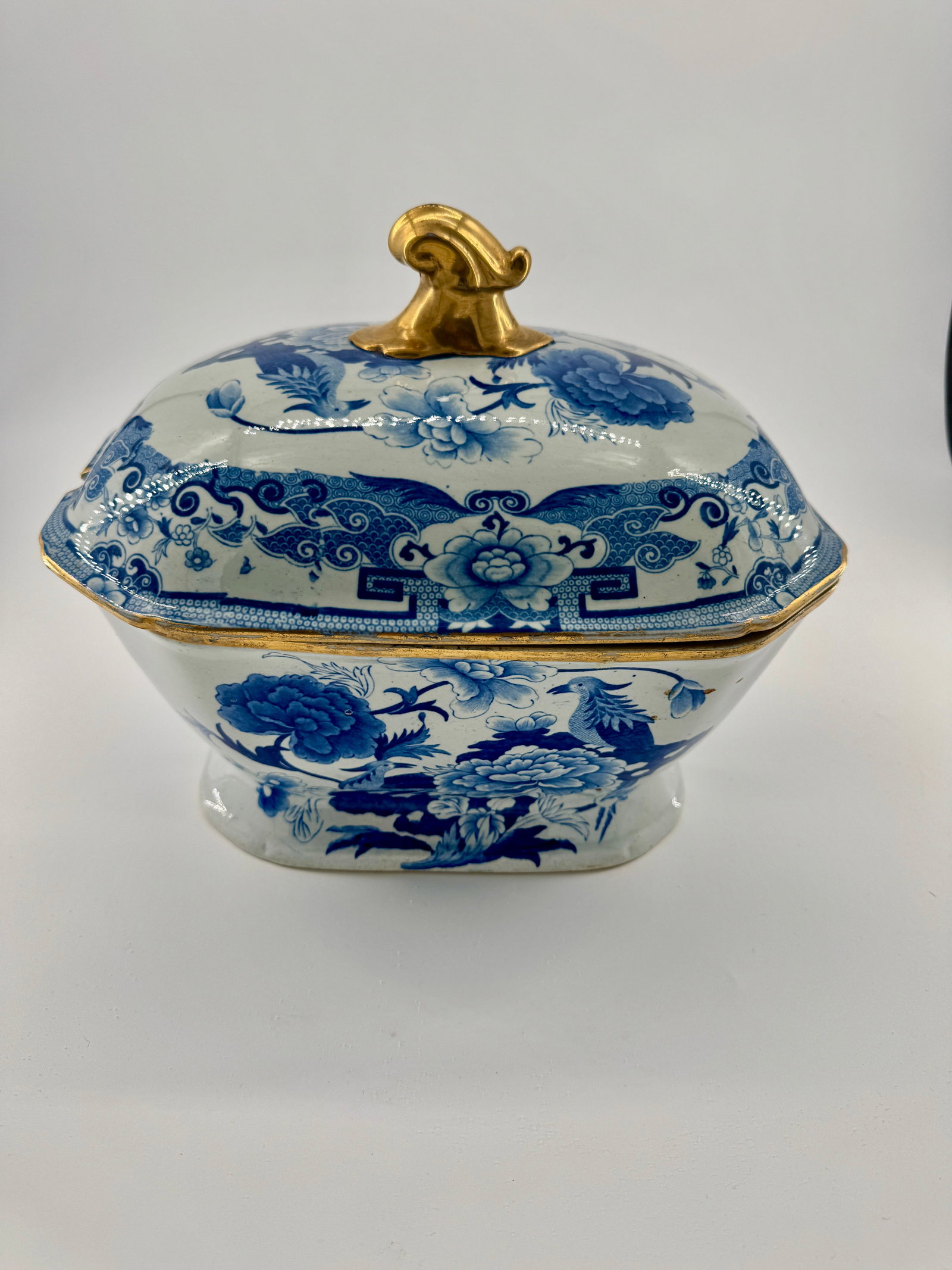 Ironstone China Blue and White Covered Vegetable Tureen with Gilt Finial, 10x7x7.5in (1 of 5)