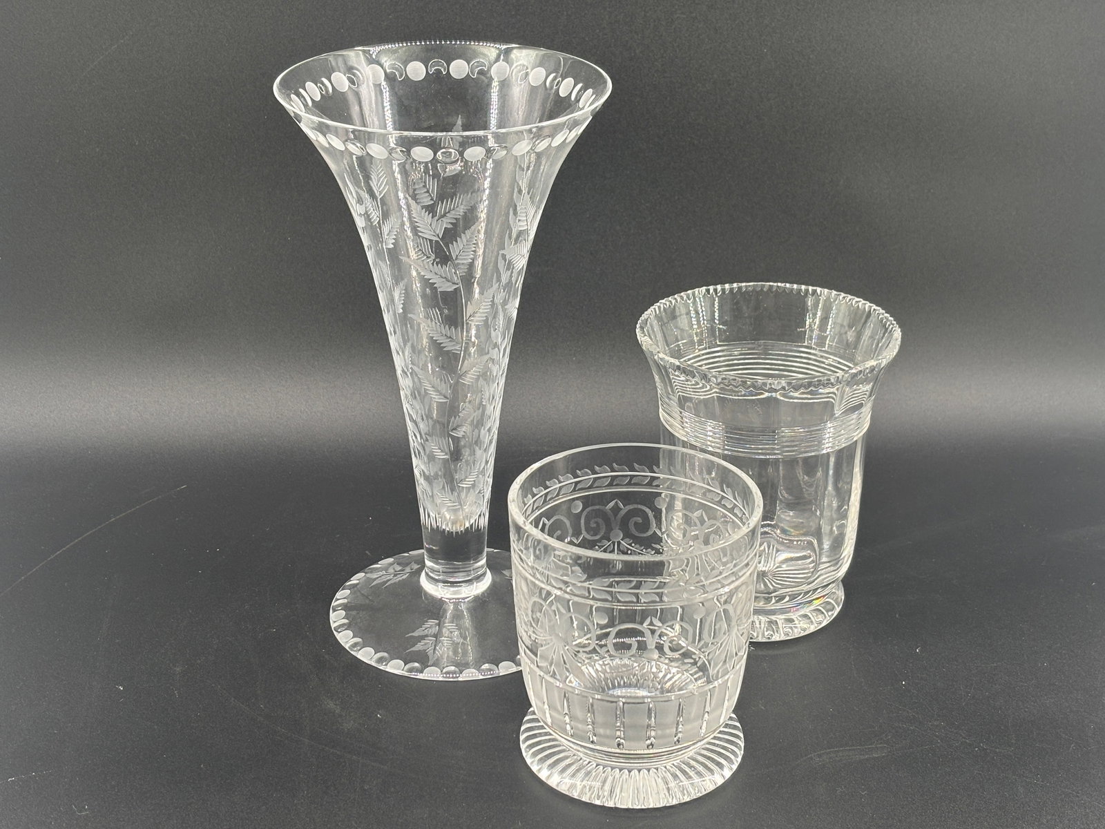 William Yeoward Etched Crystal Vase and Glass Set of 3 5.5  to 10 in (1 of 5)