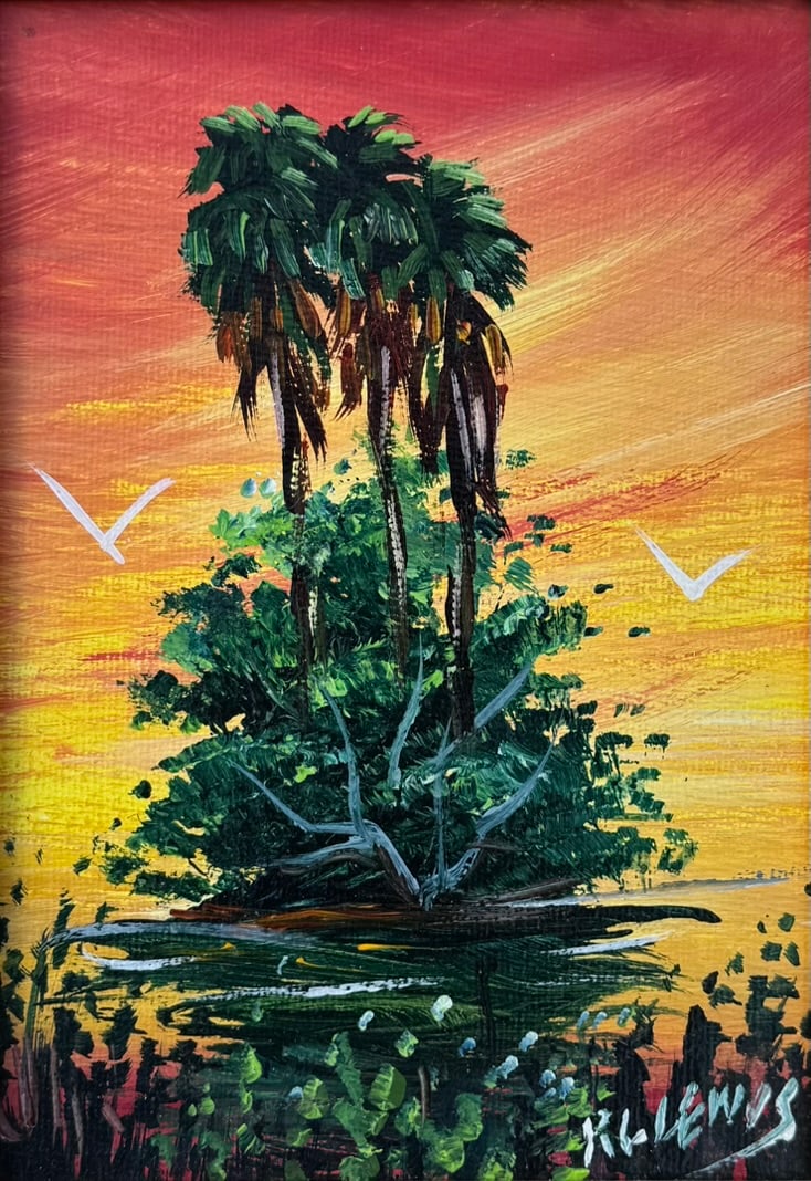 Three Palms Ablaze, by R.L. Lewis, 5 x 7, Oil on Canvas Board, Florida Highwaymen Painting (1 of 5)