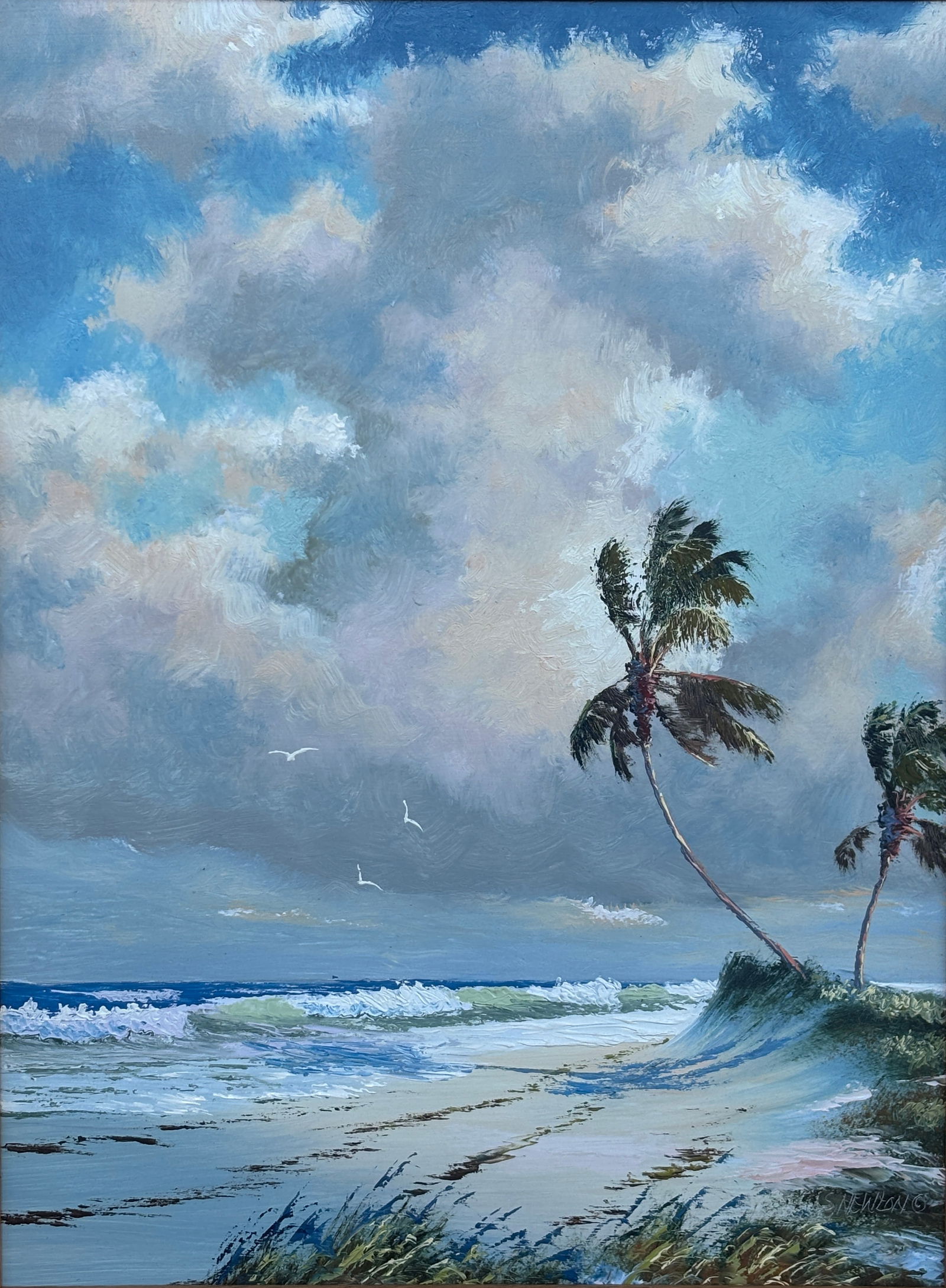 Brilliance Over Rio Mar, Late Period by Sam Newton, 24 x 18, Oil on Masonite, Florida Highwaymen Pai: lorida Highwaymen painting ?Artist: Sam Newton ?Painting Size: 24 x 18 in. ?Frame Size: 27 x 21 in. ?Medium: Oil on Masonite ?Date: 2004 A luminous 2004 era work from Florida Highwaymen legend Sam New