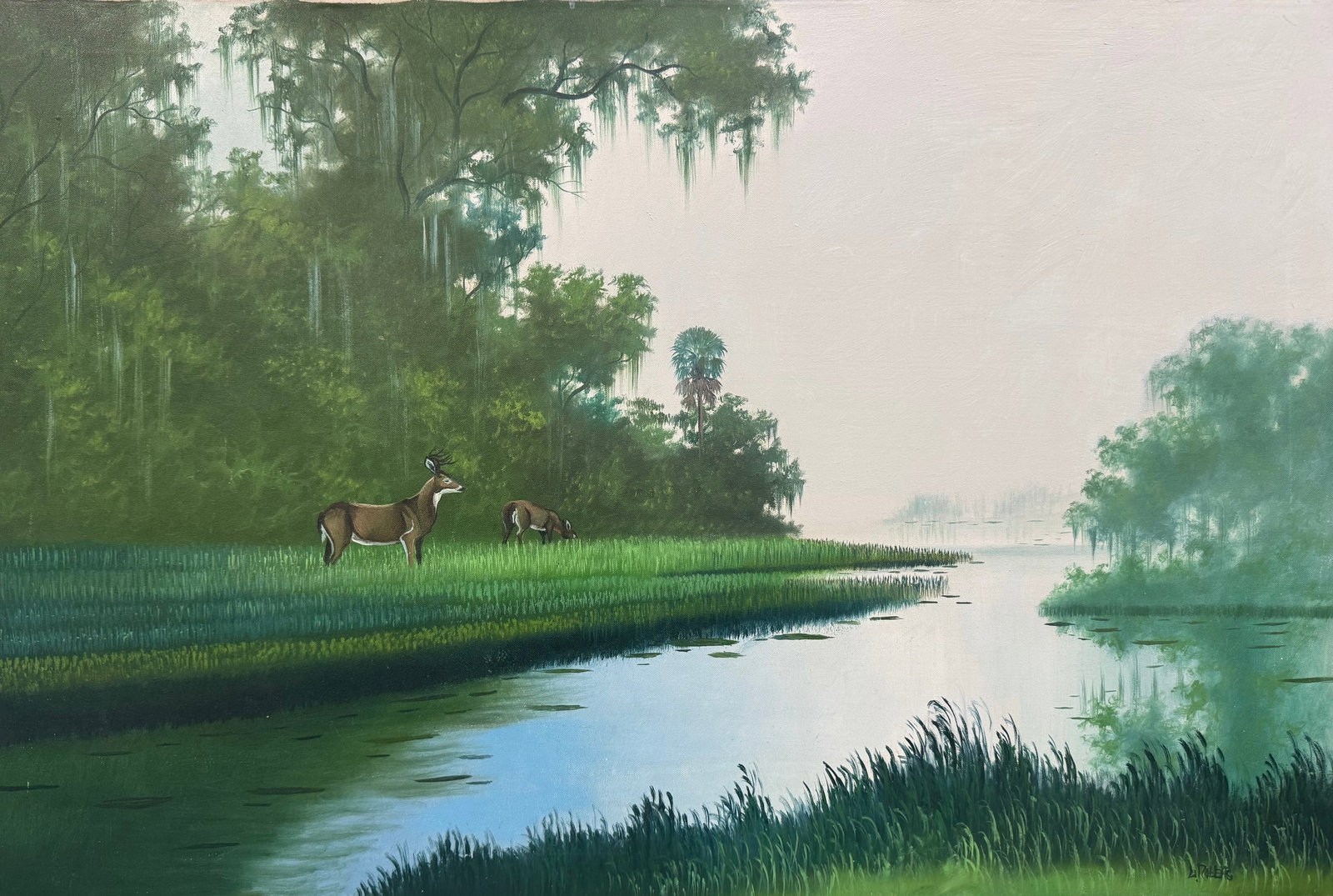 Emerald Glades at Daybreak, A Peaceful Deer Scene, by Livingston Roberts, 24 x 36, Oil on Canvas, Fl (1 of 5)