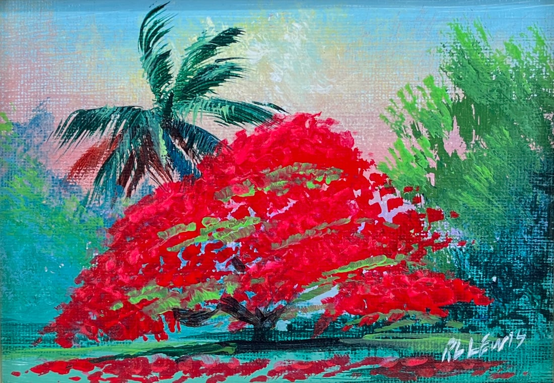 R.L. Lewis, Florida Highwaymen Painting “Royal Bloom at Still Water"5 x 7 (1 of 5)