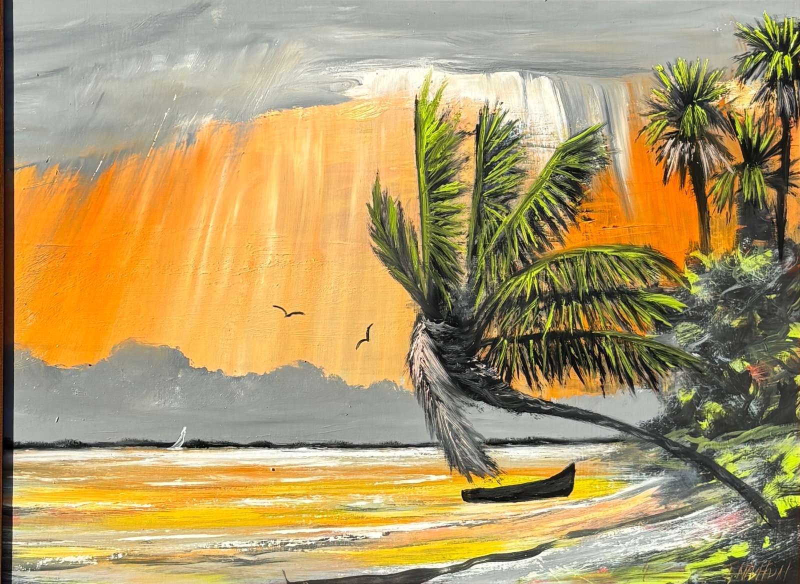 Tracey Newton, Florida Highwaymen Legacy Painting “Palm Against the Afterglow" 20 x 26: Non-Highwaymen Painting Tracey Newton (son of Sam Newton) Oil on Board Frame Dimensions: 24 x 30 inches Painting Dimensions: 20 x 26 inches This coastal scene presents a dramatic foreground palm sweep