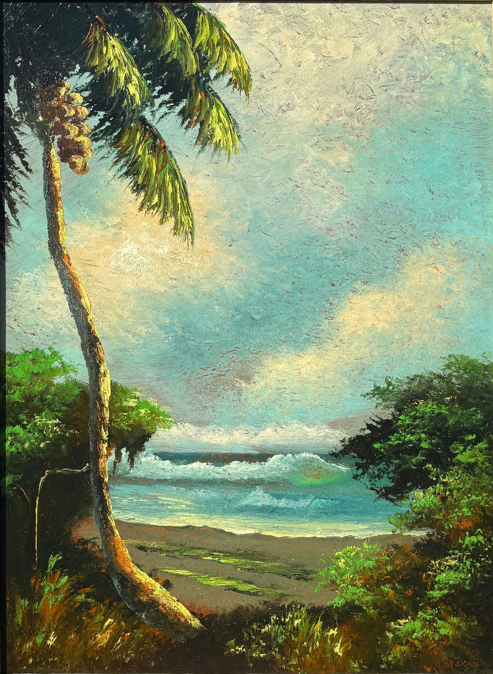 Alphonso Moran, Florida Highwaymen Painting “Light, Palm, and Incoming Water" 24 x 18: Florida Highwaymen Painting Alphonso Moran Oil on Upson Board Frame Dimensions: 27.5 x 21.5 inches Painting Dimensions: 24 x 18 inches This exceptional coastal landscape stands among the top offerings