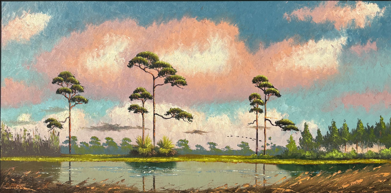 Alfred Hair, Florida Highwaymen Painting “The Sky Takes Command" 24 x 48: Florida Highwaymen Painting Alfred Hair Oil on Earliest “Orange Peel” Upson Board Frame Dimensions: 28 x 52 inches Painting Dimensions: 24 x 48 inches This extraordinary king sofa–size lands