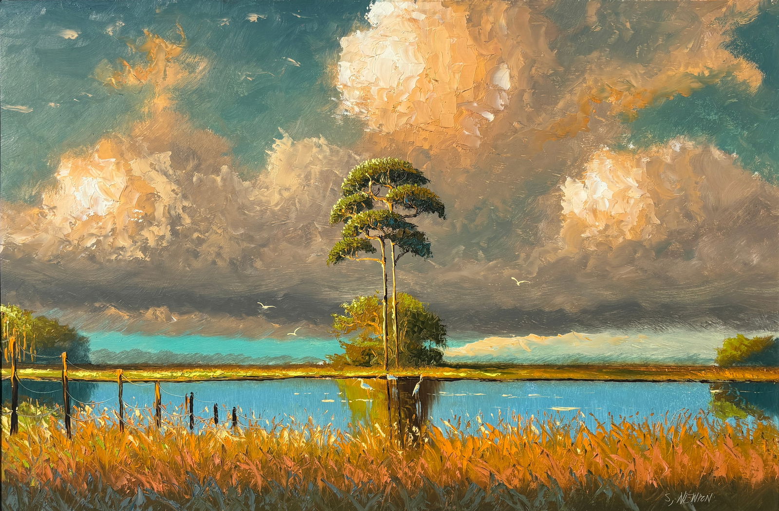 Sam Newton, Florida Highwaymen Painting “The Firmament Breaks" 24 x 36: Florida Highwaymen Painting Sam Newton Oil on Upson Board Frame Dimensions: 27.5 x 39.5 inches Painting Dimensions: 24 x 36 inches This exceptional full-size work by Sam Newton presents a powerful and