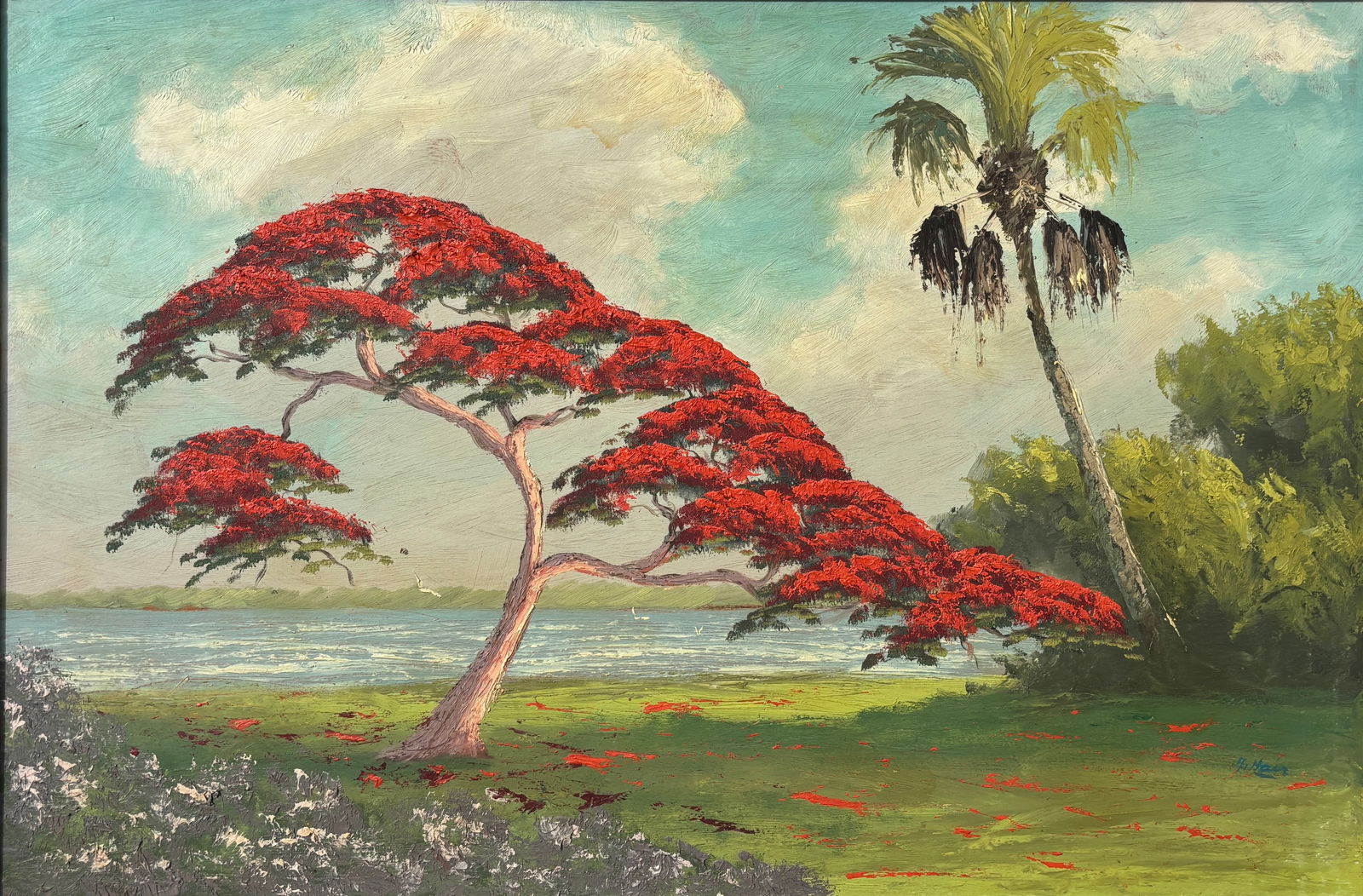 Alfred Hair, Florida Highwaymen Painting “The Bloom Takes the Field" 24 x 36: Florida Highwaymen Painting Alfred Hair Oil on Early “Orange Peel” Upson Board Frame Dimensions: 28.5 x 40.5 inches Painting Dimensions: 24 x 36 inches This exceptional poinciana landscape is