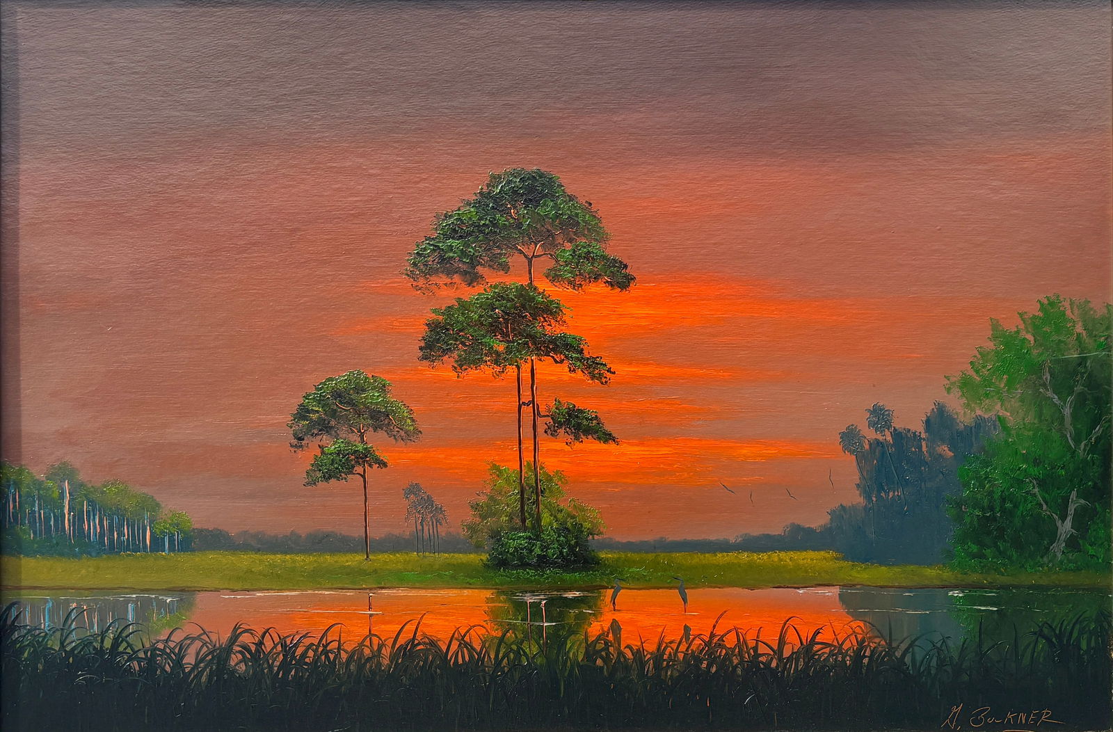 George Buckner, Florida Highwaymen Painting "Where the Sun Withdraws" 24 x 36: Florida Highwaymen Painting George Buckner Oil on Upson Board Frame Dimensions: 26 x 38 inches Painting Dimensions: 24 x 36 inches This commanding crosswater pine landscape presents a moment of intens