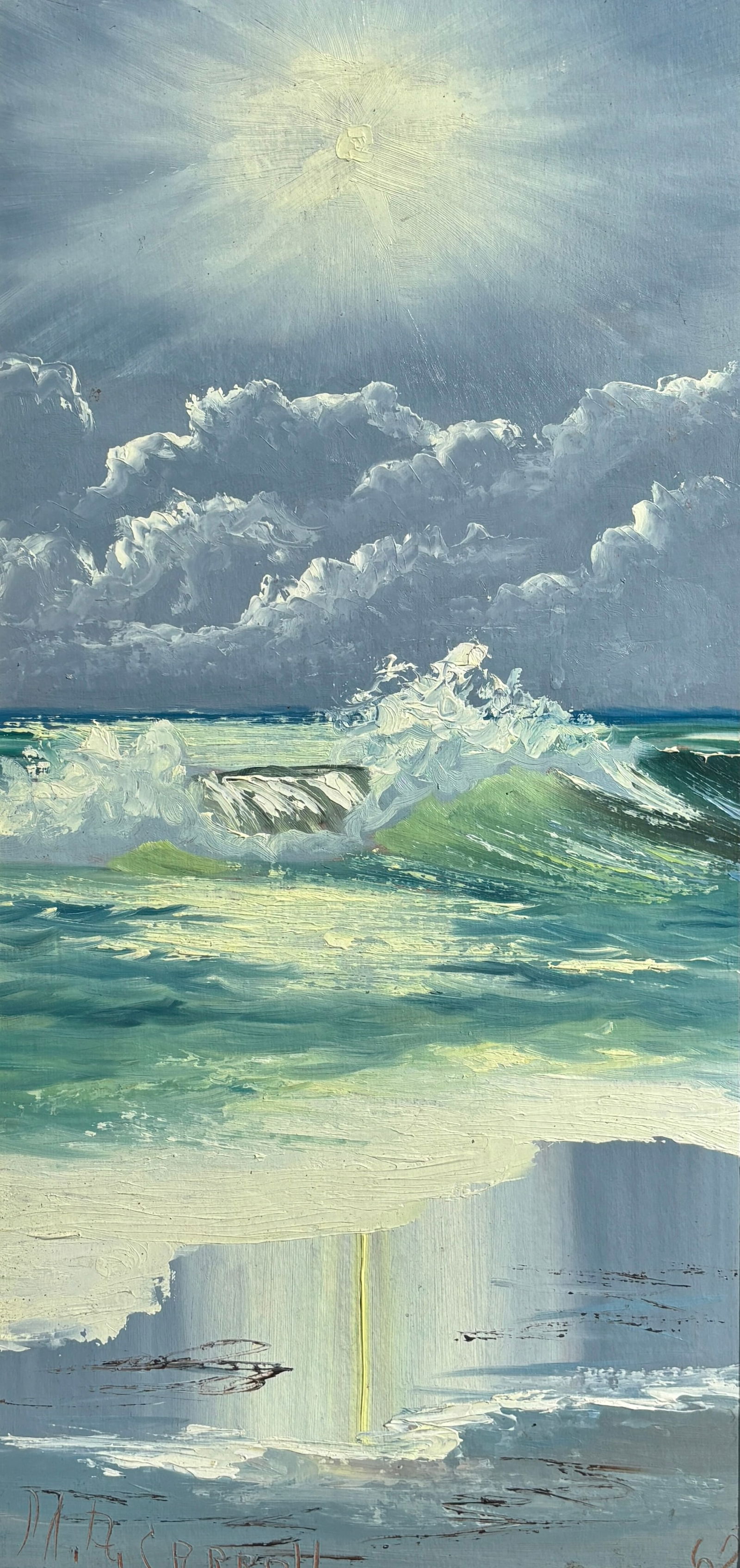 Mary Ann Carroll, Florida Highwaymen Painting "1962 Lunar Surge" 24 x 12: Florida Highwaymen Painting Mary Ann Carroll Oil on Upson Board Frame Dimensions: 27.5 x 15.5 inches Painting Dimensions: 24 x 12 inches This historically important ocean scene was painted in 1962, wh